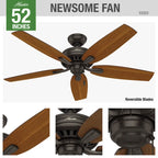 Hunter 52  Newsome Outdoor Ceiling Fan with Pull Chain, Damp Rated
