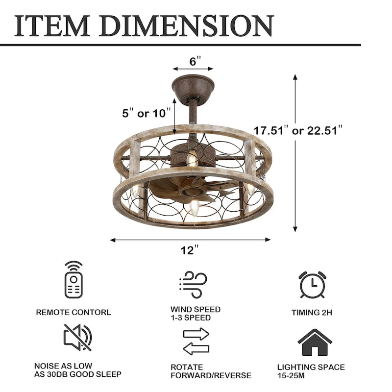 18  Oaks Aura Farmhouse 4-Light Wood Ceiling Fan with Remote, 3-Speed Silent Rustic Low Profile Ceiling Fan with Lights