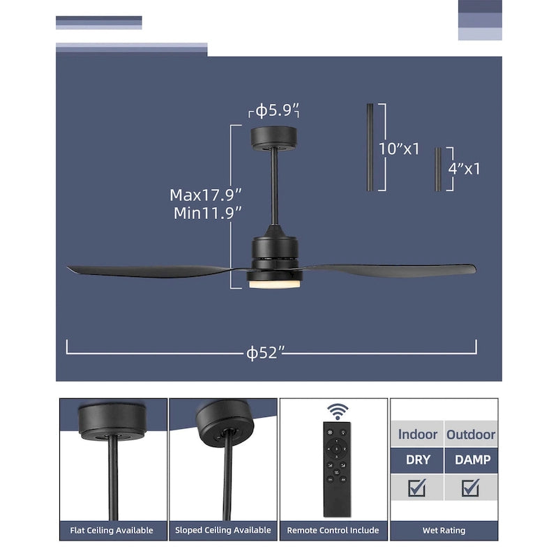 Black 52  Reversible Smart Ceiling Fan With Remote Control, Integrated Led Light Bulb