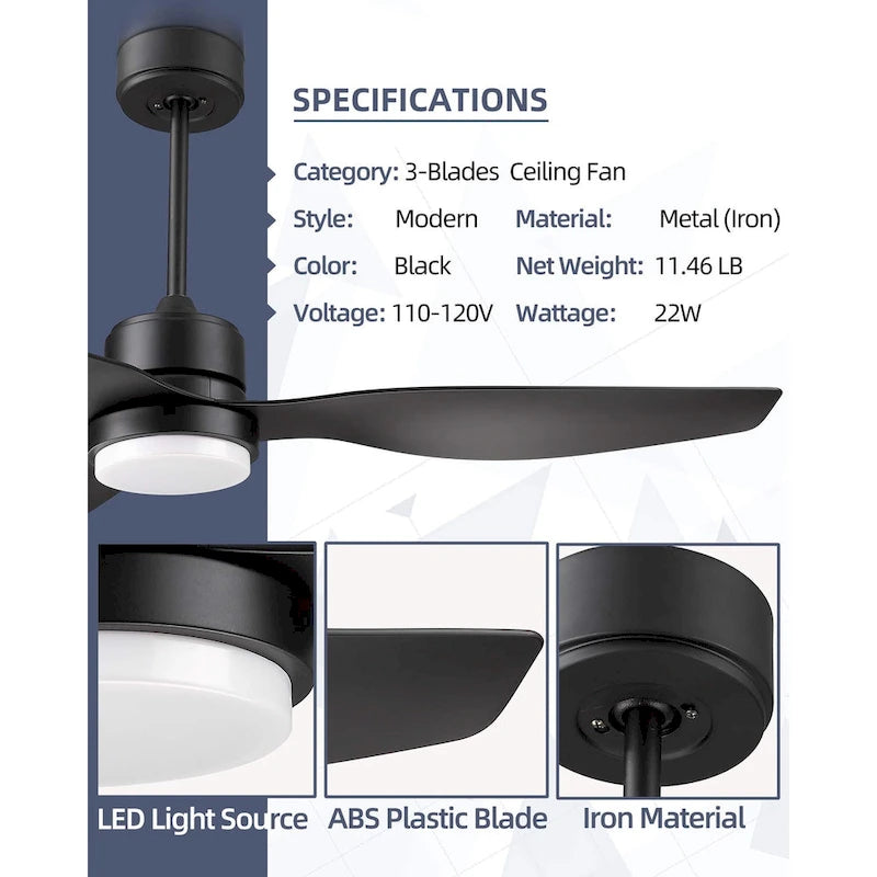 Black 52  Reversible Smart Ceiling Fan With Remote Control, Integrated Led Light Bulb