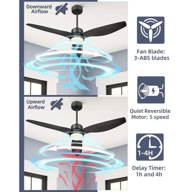Black 52  Reversible Smart Ceiling Fan With Remote Control, Integrated Led Light Bulb