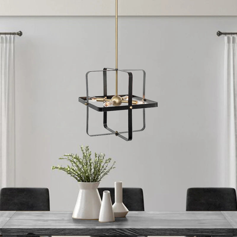 4-Light Modern Geometric Linear Pendant, Classic Black+Brass Dust - 16.81 x16.81 x16.14 
