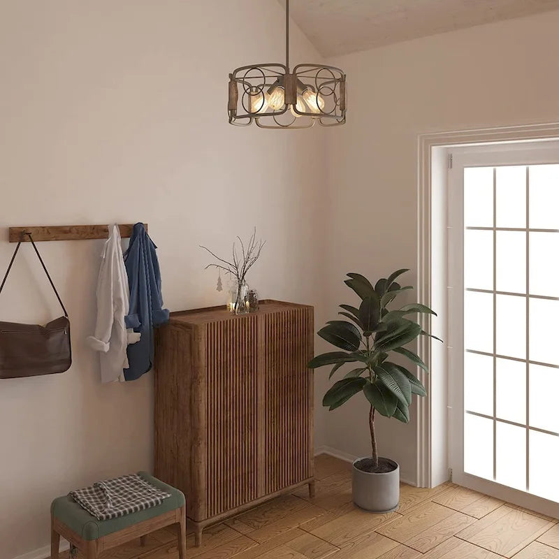 4 light farmhouse industrial chandelier wood accents drum pendant light