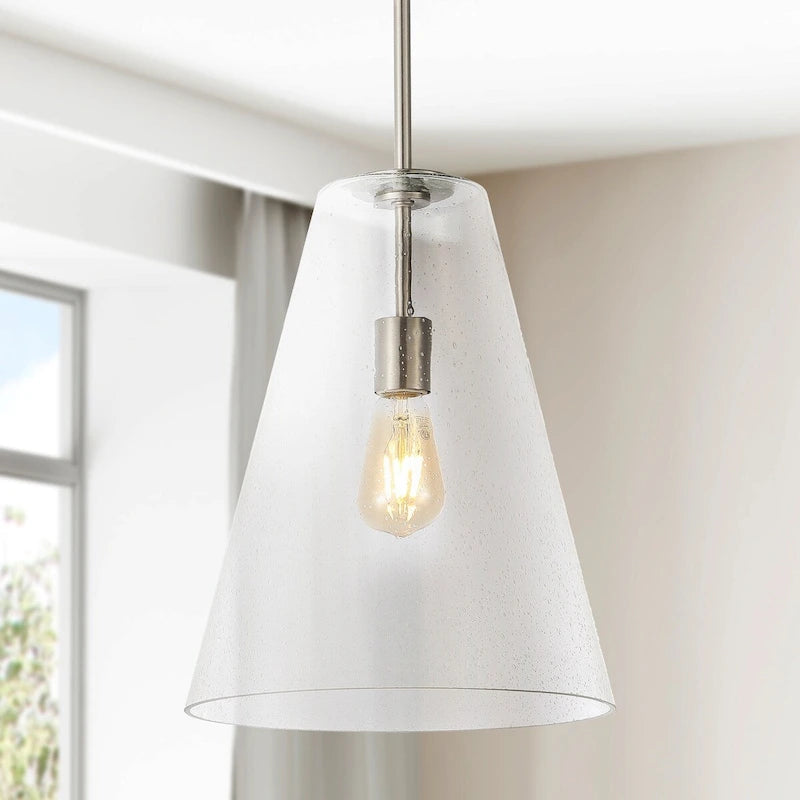 Hayes 11.5  1-Light Mid-Century Modern Iron/Seeded Glass LED Pendant, Nickel/Clear by JONATHAN Y