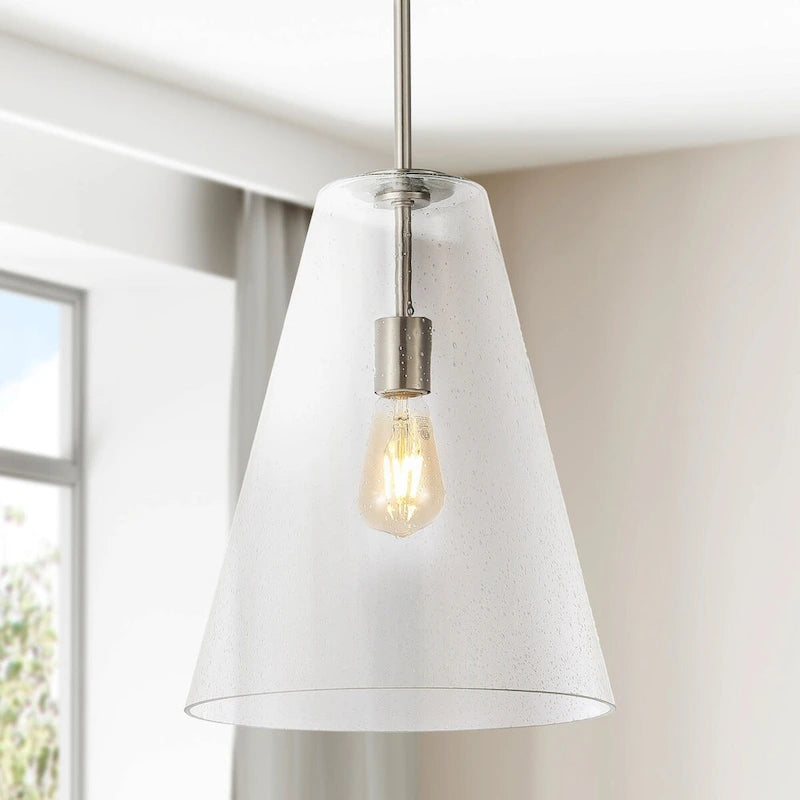 Hayes 11.5  1-Light Mid-Century Modern Iron/Seeded Glass LED Pendant, Nickel/Clear by JONATHAN Y