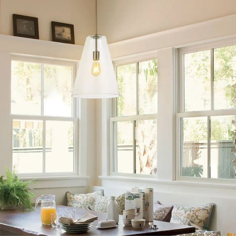 Hayes 11.5  1-Light Mid-Century Modern Iron/Seeded Glass LED Pendant, Nickel/Clear by JONATHAN Y