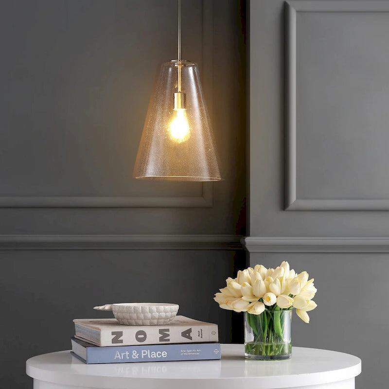 Hayes 11.5  1-Light Mid-Century Modern Iron/Seeded Glass LED Pendant, Nickel/Clear by JONATHAN Y
