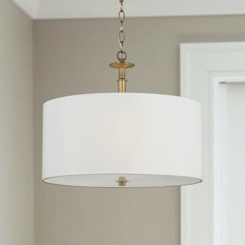 Abbie 3-light Drum Pendant w/ White Fabric Shade & White Glass DIffuser