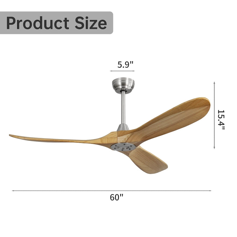60 Inch Outdoor Ceiling Fan Without Light 3 Solid Wood Blade with DC Motor Remote Control