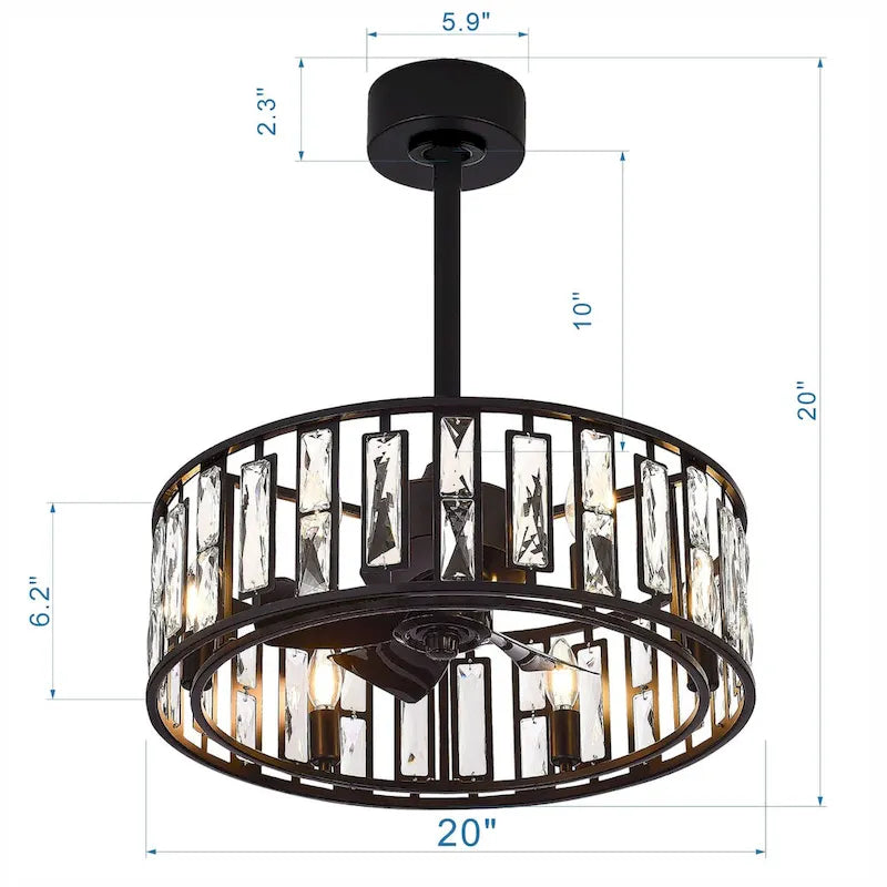 20-In Black Crystal Caged Ceiling Fan with Light Remote