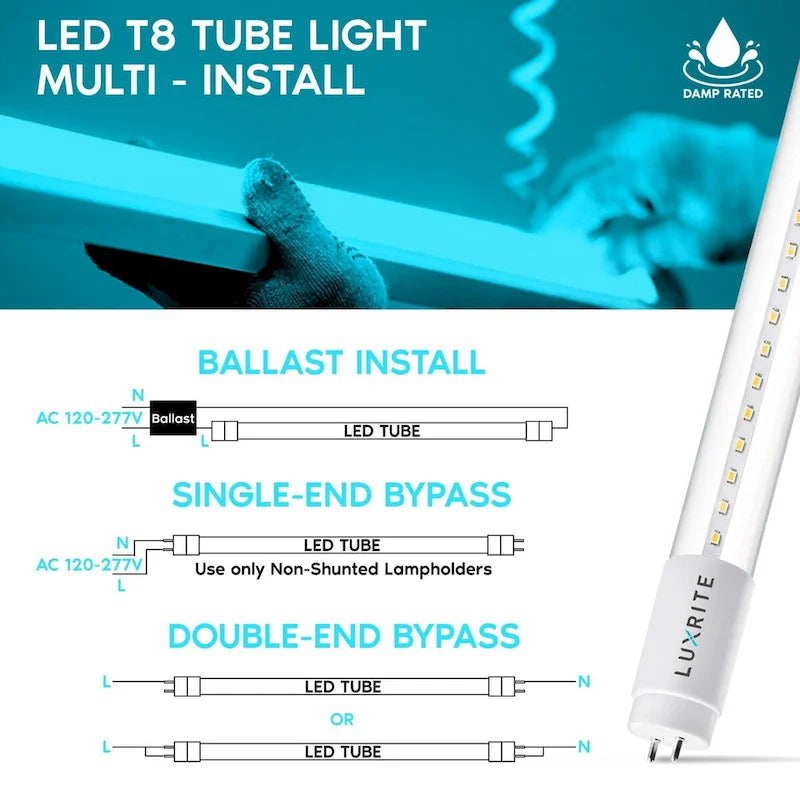 Luxrite 4FT T8 LED Tube Light, Ballast and Ballast Bypass Compatible, 13W=32W, Single-End or Double-End Powered (4 Pack)
