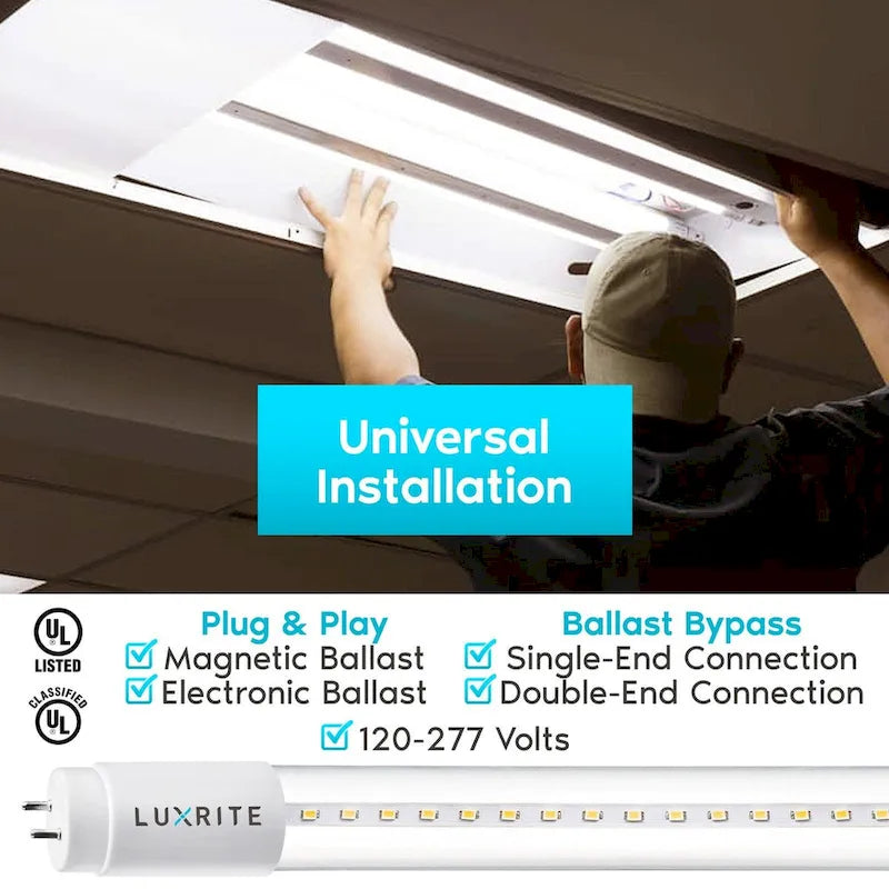 Luxrite 4FT T8 LED Tube Light, Ballast and Ballast Bypass Compatible, 13W=32W, Single-End or Double-End Powered (4 Pack)