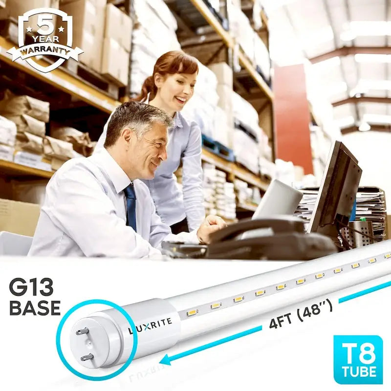 Luxrite 4FT T8 LED Tube Light, Ballast and Ballast Bypass Compatible, 13W=32W, Single-End or Double-End Powered (4 Pack)