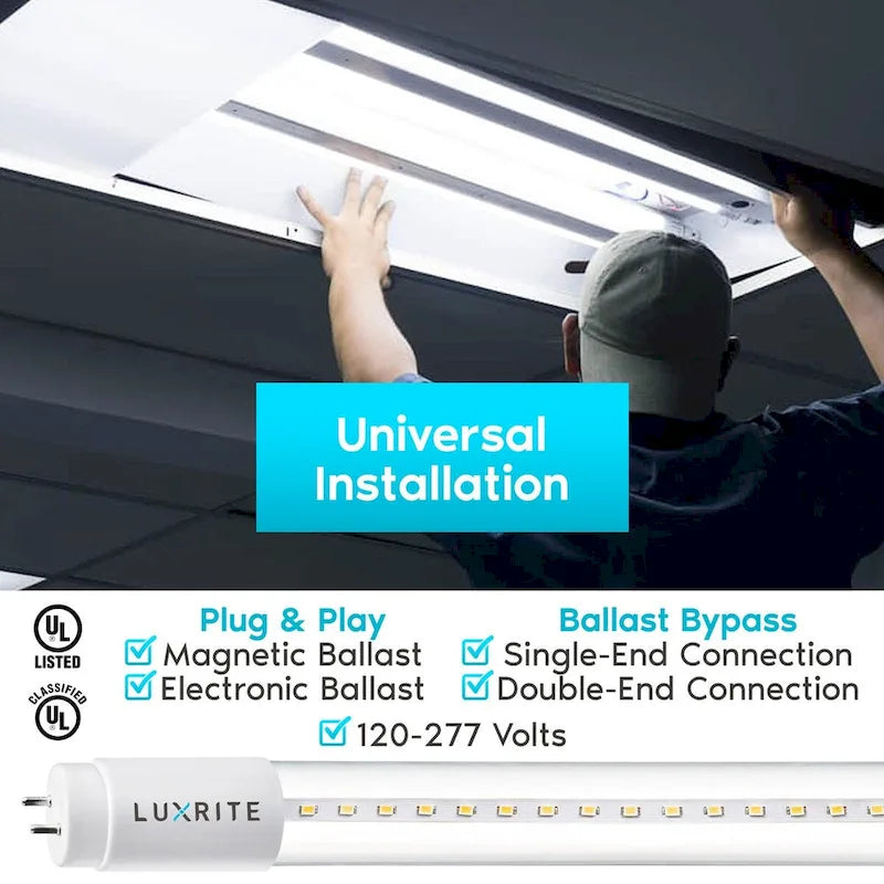 Luxrite 4FT T8 LED Tube Light, Ballast and Ballast Bypass Compatible, 13W=32W, Single-End or Double-End Powered (4 Pack)