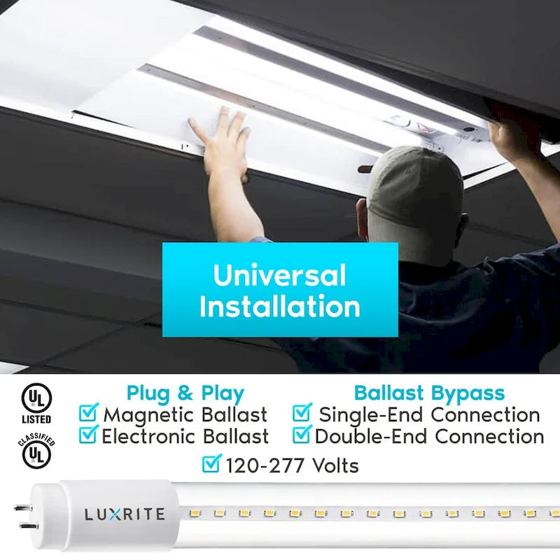 Luxrite 4FT T8 LED Tube Light, Ballast and Ballast Bypass Compatible, 13W=32W, Single-End or Double-End Powered (4 Pack)