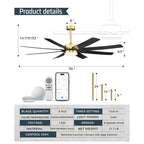 70 Inch 24W DC Led Ceiling Fan with Lights, 8-Blades, Remote Control and App and Alexa Google Voice Control
