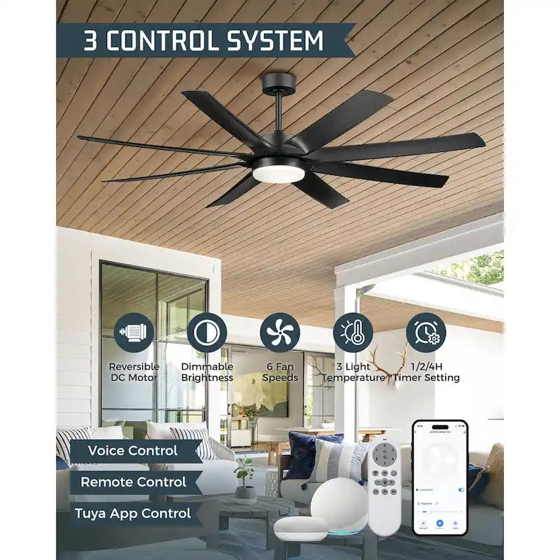 70 Inch 24W DC Led Ceiling Fan with Lights, 8-Blades, Remote Control and App and Alexa Google Voice Control