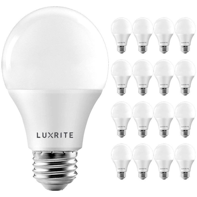 Luxrite A19 LED Light Bulb 60W Equivalent 3500K 800 Lumens Dimmable 9W Enclosed Fixture Rated E26 Base 16 Pack