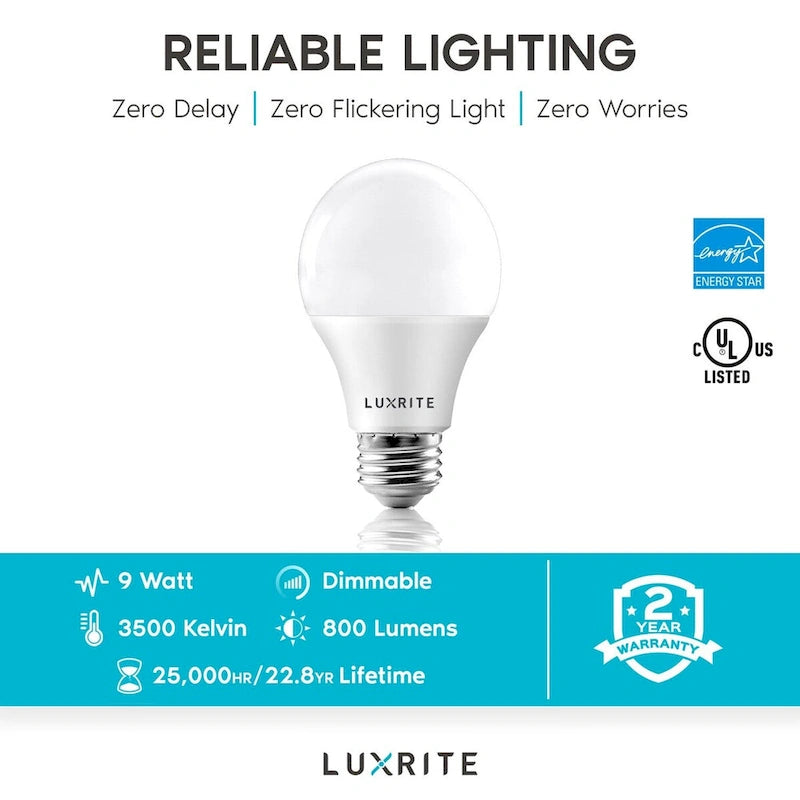 Luxrite A19 LED Light Bulb 60W Equivalent 3500K 800 Lumens Dimmable 9W Enclosed Fixture Rated E26 Base 16 Pack
