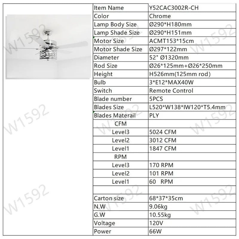 52 Inch Crystal Chandelier Fan Dual Finish Reversible Blades