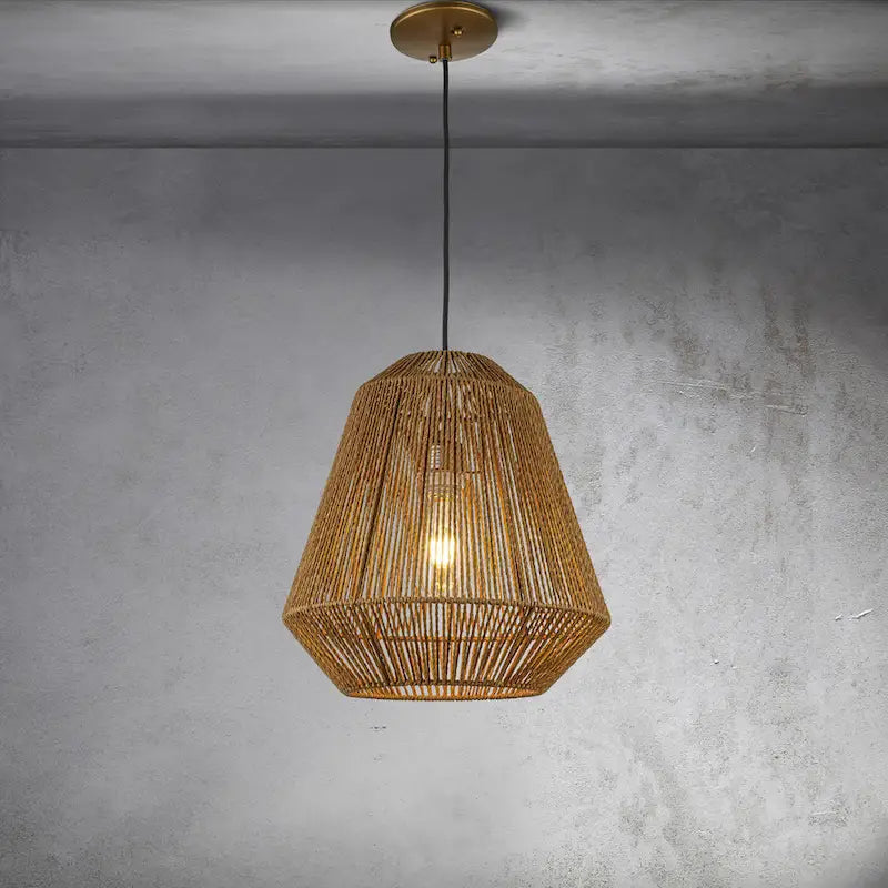 CraftHome Handcrafted 1-Light Farmhouse Natural Rattan Pendant Light With Boho Rope Woven Shape - W14 