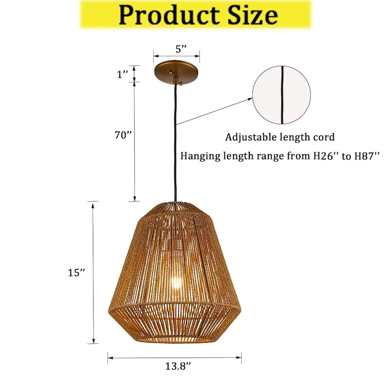CraftHome Handcrafted 1-Light Farmhouse Natural Rattan Pendant Light With Boho Rope Woven Shape - W14