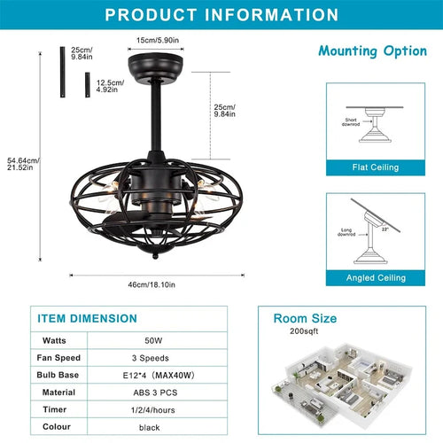 18.1  Caged Ceiling Fan with Remote Control, Timer (No include Bulbs)