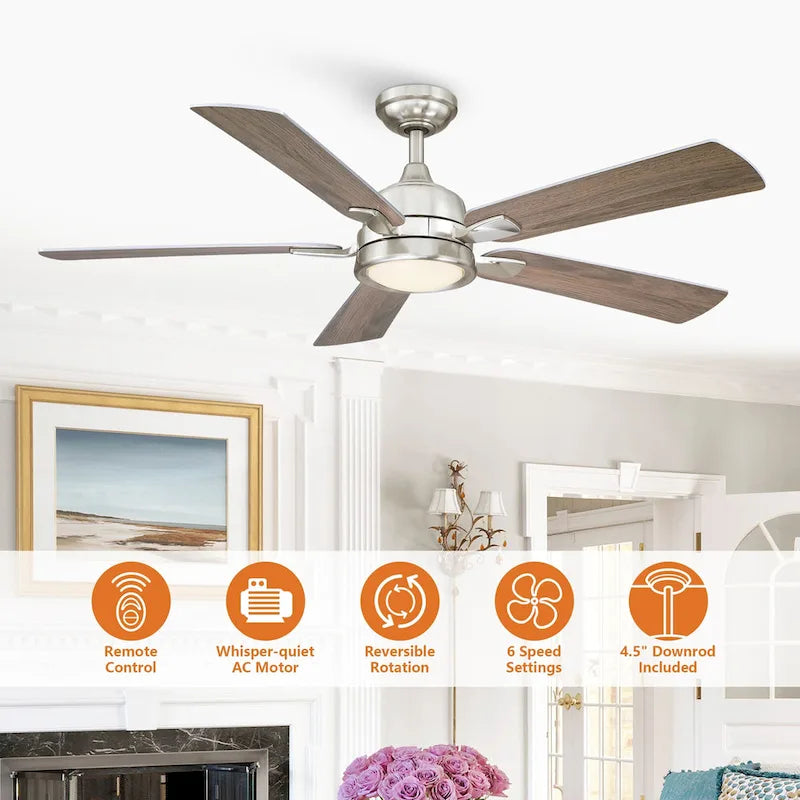 52-in Modern Nickel Reversible 5-Blade Ceiling Fan with Light and Remote