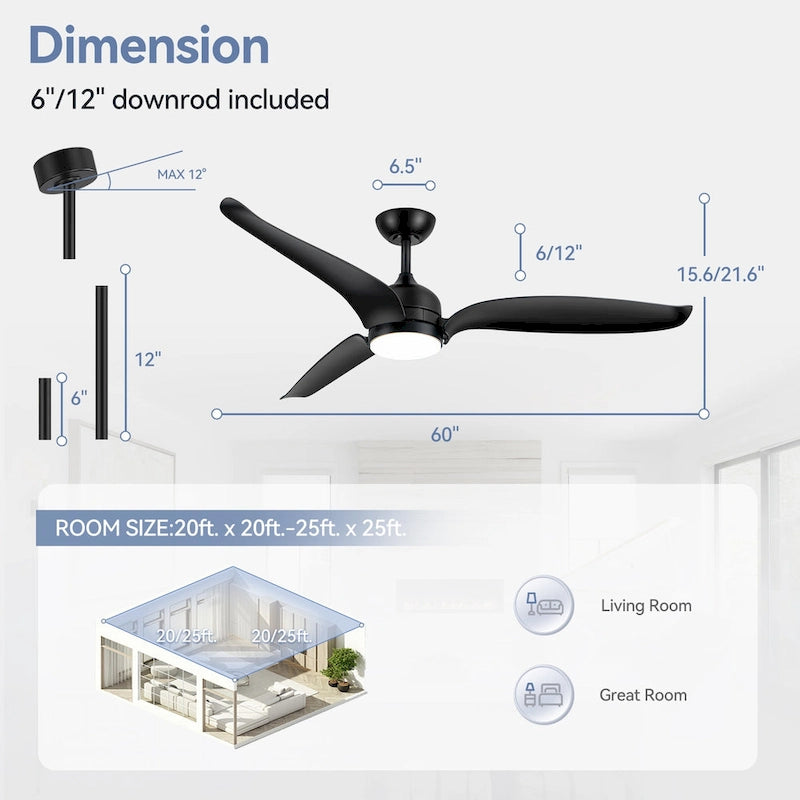 60  Black 3-Blade Ceiling Fan with LED Light Kit and Remote