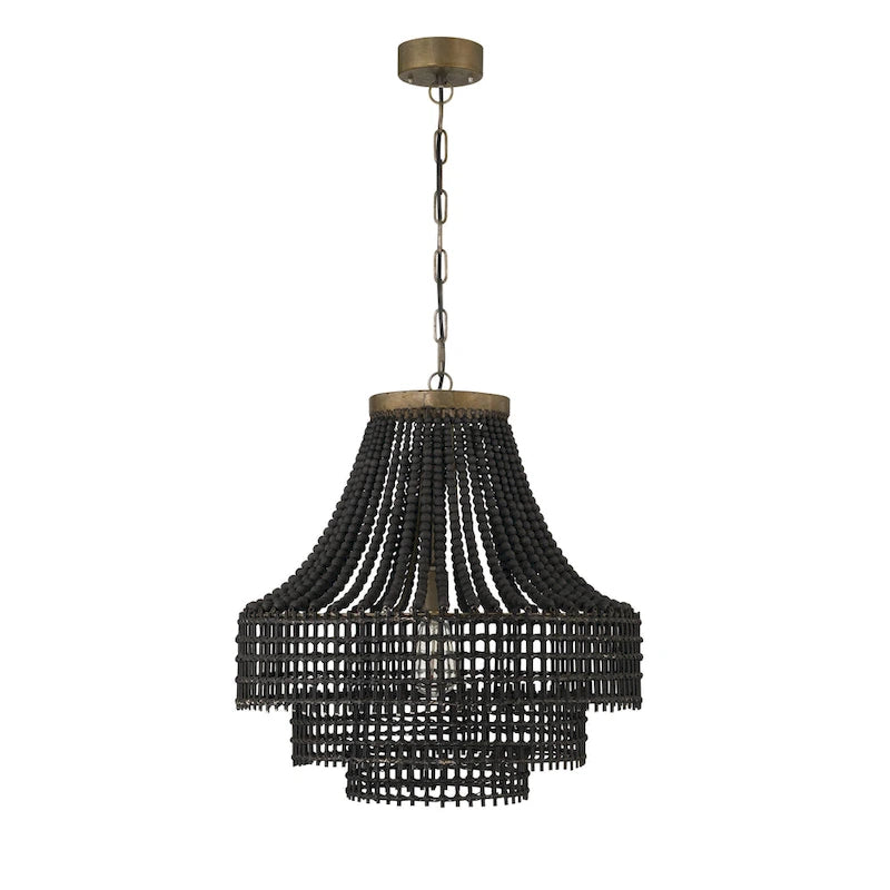 Metal, Rattan and Wood Bead Chandelier - 21.9 L x 21.9 W x 23.4 H