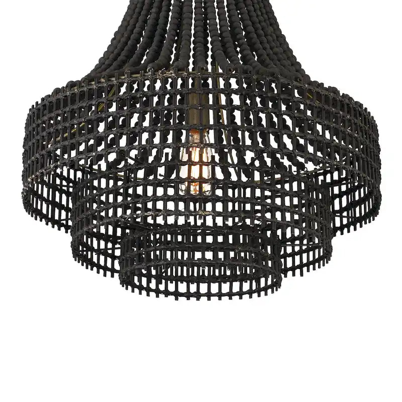 Metal, Rattan and Wood Bead Chandelier - 21.9 L x 21.9 W x 23.4 H