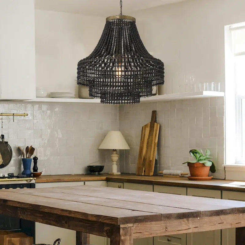 Metal, Rattan and Wood Bead Chandelier - 21.9 L x 21.9 W x 23.4 H