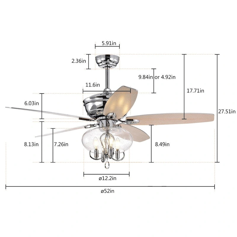Crystal Chandelier Fan Light with Remote and Reversible Motor