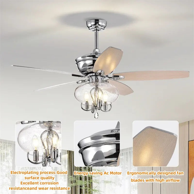 Crystal Chandelier Fan Light with Remote and Reversible Motor