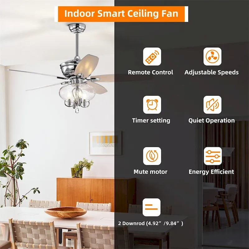 Crystal Chandelier Fan Light with Remote and Reversible Motor