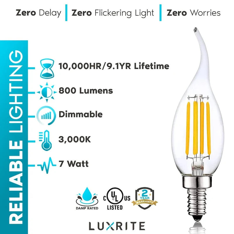 Luxrite Candelabra LED Light Bulbs 100W Equivalent 800 Lumens 7W CA11 Dimmable Damp Rated UL Listed E12 6 Pack