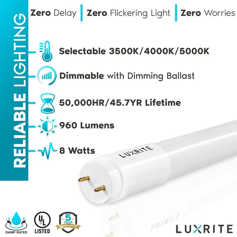 Luxrite 2FT T8 LED Tube Light, 8W=17W, 3 Color Option, Single and Double End Powered, 960 Lumens, UL, DLC (4 Pack) - 4
