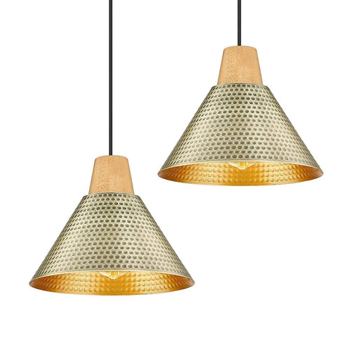 10  Gold Pendant Lights, Hammered Metal Shade - 2 Pack
