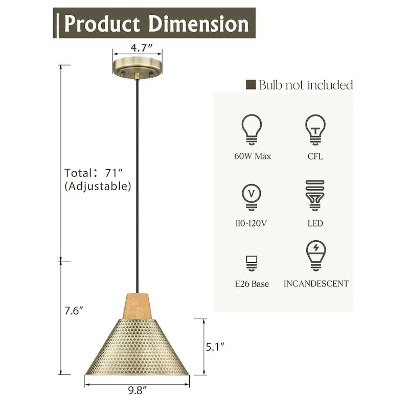 10  Gold Pendant Lights, Hammered Metal Shade - 2 Pack