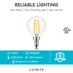 Luxrite 4W Vintage G16.5 LED Globe Bulbs Dimmable, 2700K Warm White, 400 Lumens, E12 LED Bulb 40W Equivalent, 12 Pack