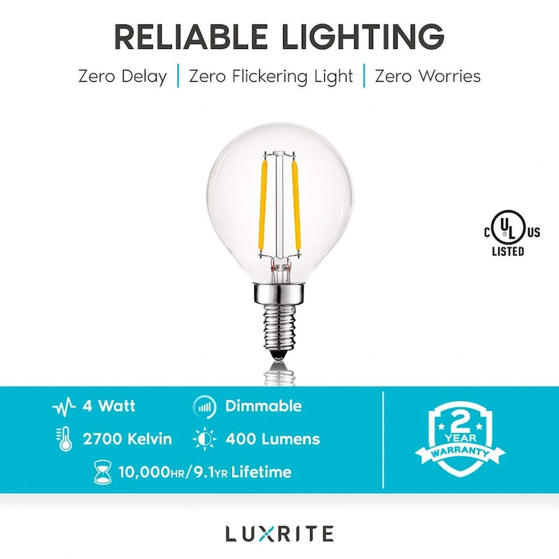 Luxrite 4W Vintage G16.5 LED Globe Bulbs Dimmable, 2700K Warm White, 400 Lumens, E12 LED Bulb 40W Equivalent, 12 Pack