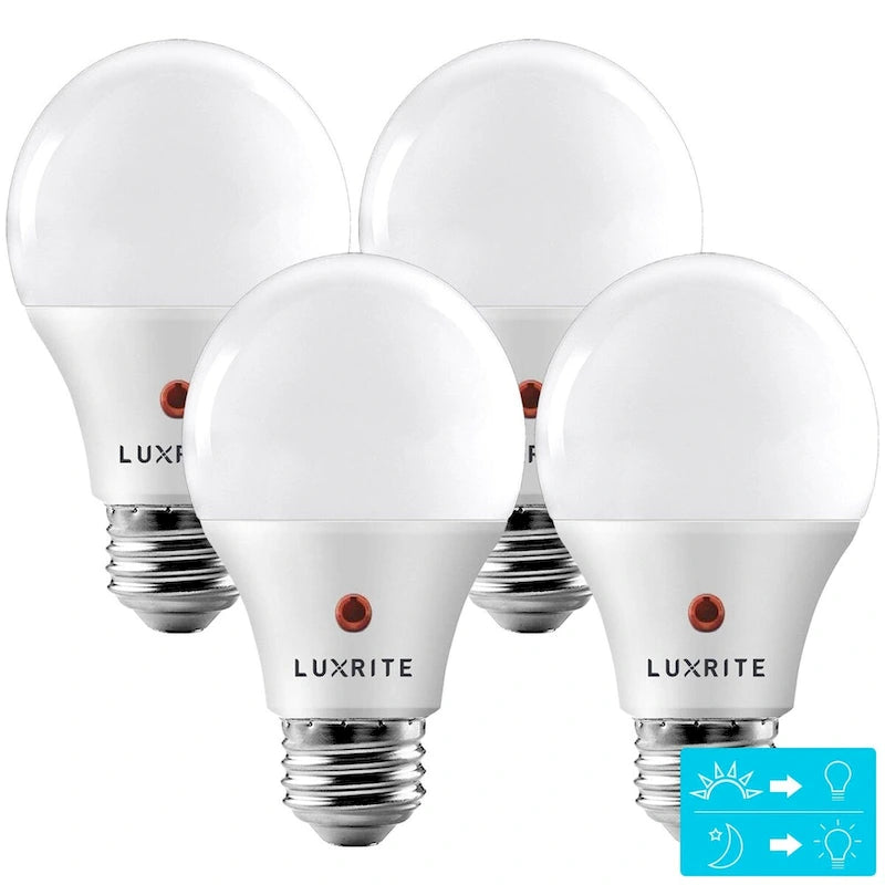 Luxrite A19 LED Dusk to Dawn Light Bulbs Lighting Enclosed Fixture Rated 800lm Damp Rated E26 4 Pack