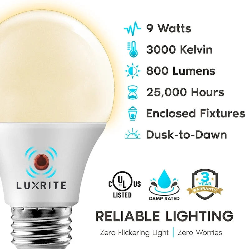 Luxrite A19 LED Dusk to Dawn Light Bulbs Lighting Enclosed Fixture Rated 800lm Damp Rated E26 4 Pack