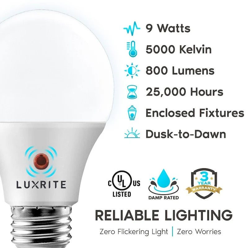 Luxrite A19 LED Dusk to Dawn Light Bulbs Lighting Enclosed Fixture Rated 800lm Damp Rated E26 4 Pack