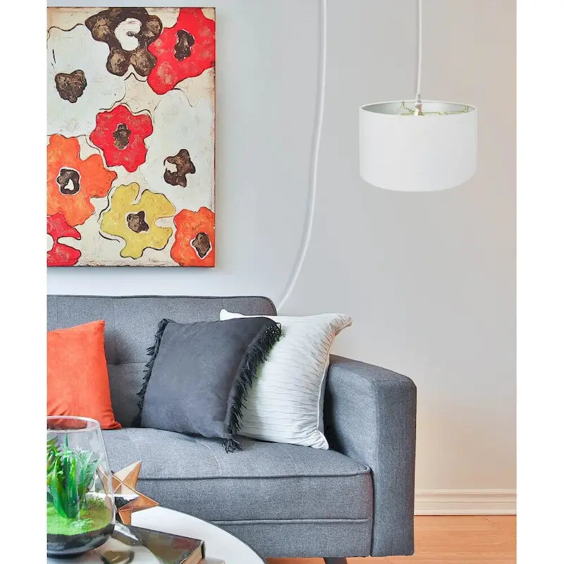 1 Light Swag Plug-In Pendant 18 w White Linen Shade, 17' White Cord