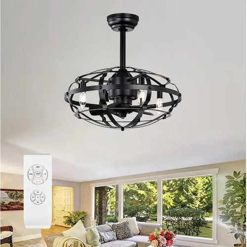 18  Industrial Ceiling Fan Light Kit for Living Room Bedroom Kitchen and Bladeless Caged Ceiling Fan with Lights - 18 Inches