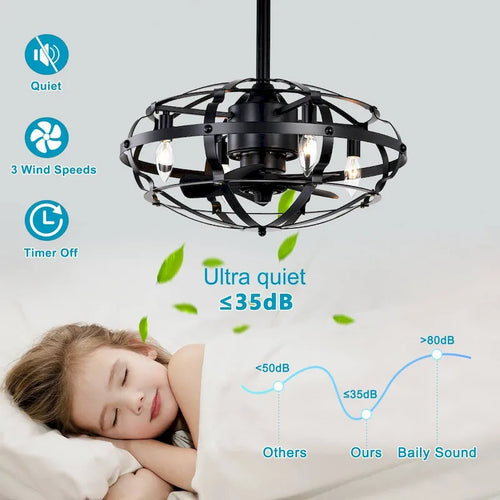 18  Industrial Ceiling Fan Light Kit for Living Room Bedroom Kitchen and Bladeless Caged Ceiling Fan with Lights - 18 Inches