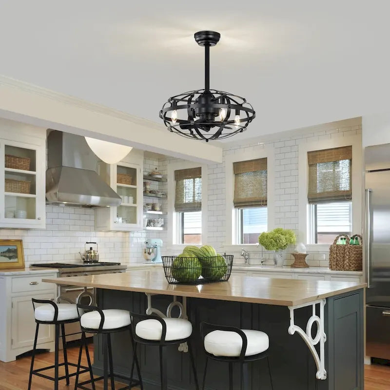 18  Industrial Ceiling Fan Light Kit for Living Room Bedroom Kitchen and Bladeless Caged Ceiling Fan with Lights - 18 Inches