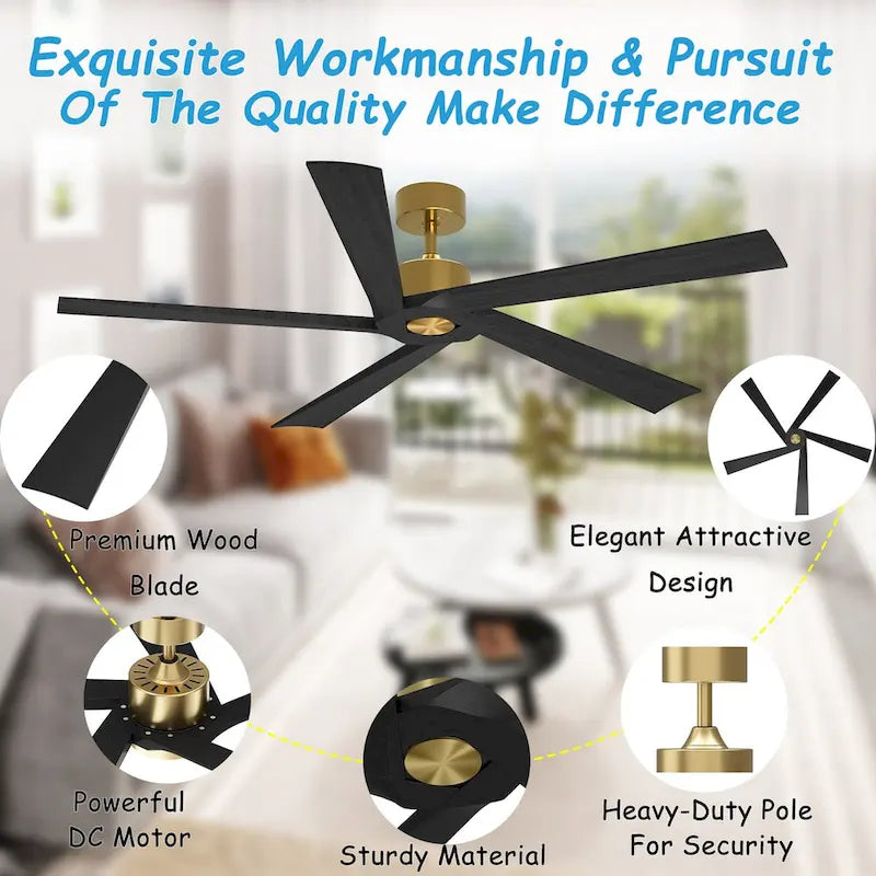 64-Inch Indoor Ceiling Fan with Wood Blades and Reversible DC Motor
