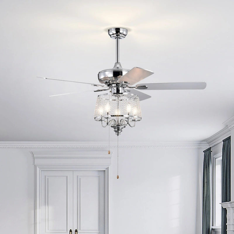 52 Inch Crystal Ceiling Fan , Electrical Fan with 5 Wood Reversible Blades, 4 Bulbs Not Included,Noiseless Reversible AC Motor